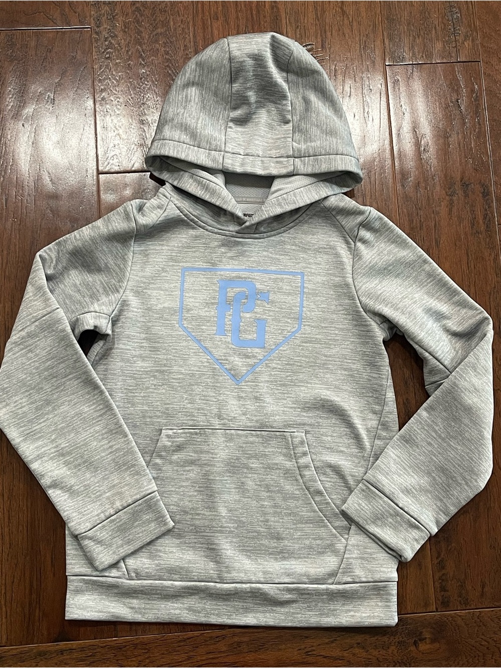 Perfect Game Baseball Heather Gray Hooded Sweatshirt with Light Blue Chest Logo